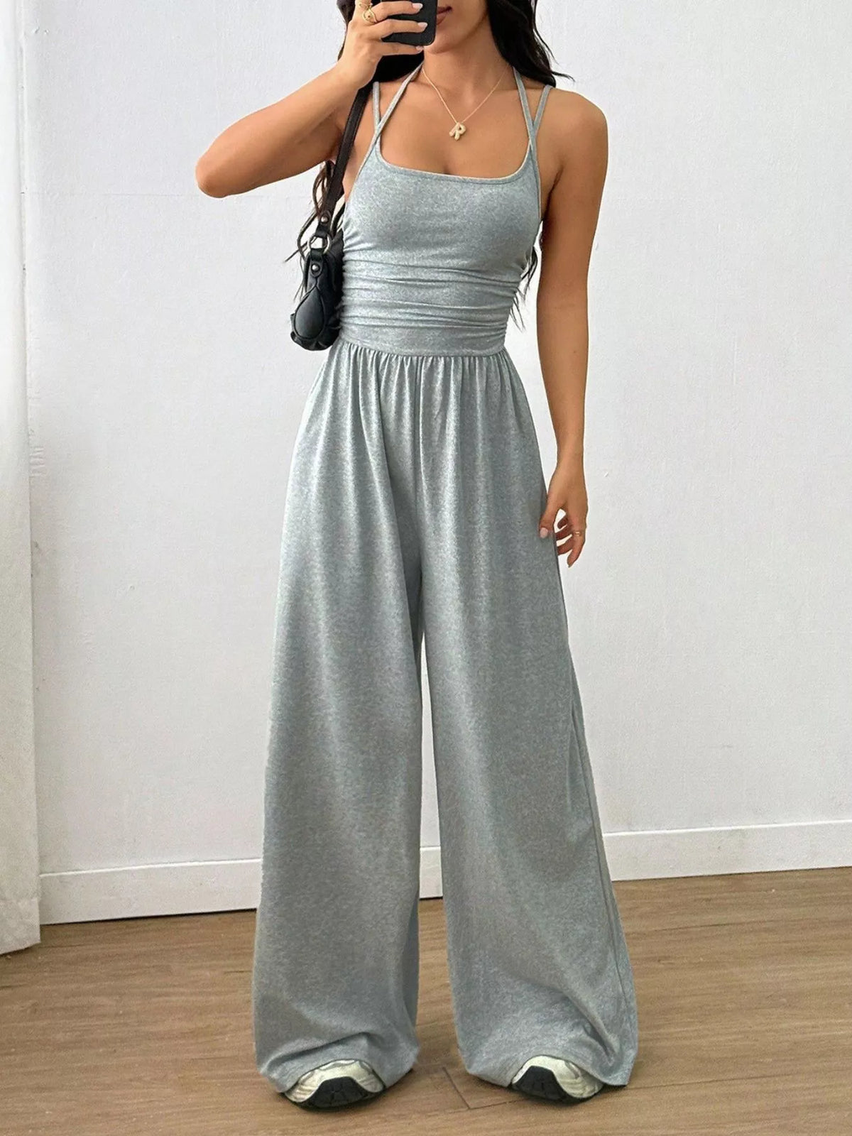 Women's Spaghetti Strap Wide-Leg Jumpsuit - Light Gray