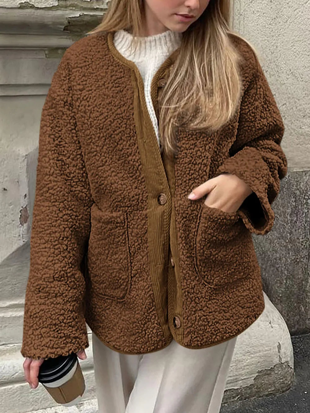 Women's Two-Tone Sherpa Button-Up Jacket with Pockets