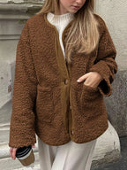 Women's Two-Tone Sherpa Button-Up Jacket with Pockets