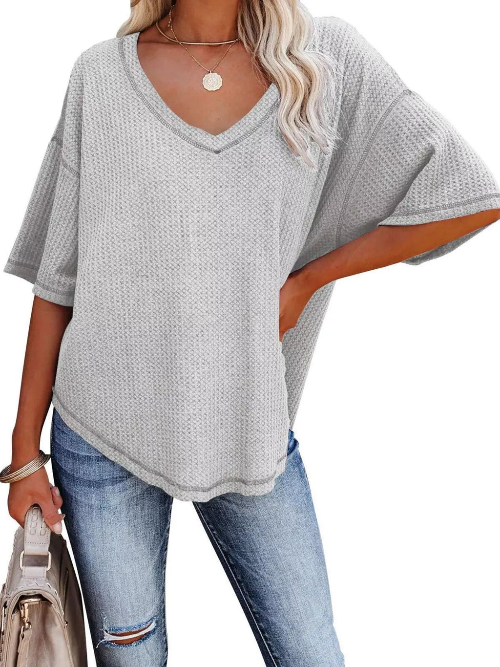 Women's Waffle Knit V-Neck Short Sleeve T-Shirt