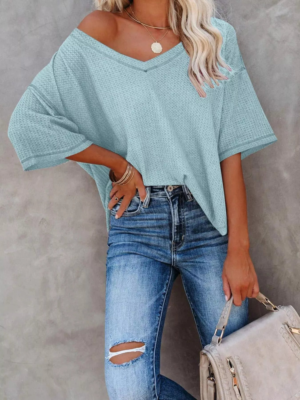 Women's Waffle Knit V-Neck Short Sleeve T-Shirt