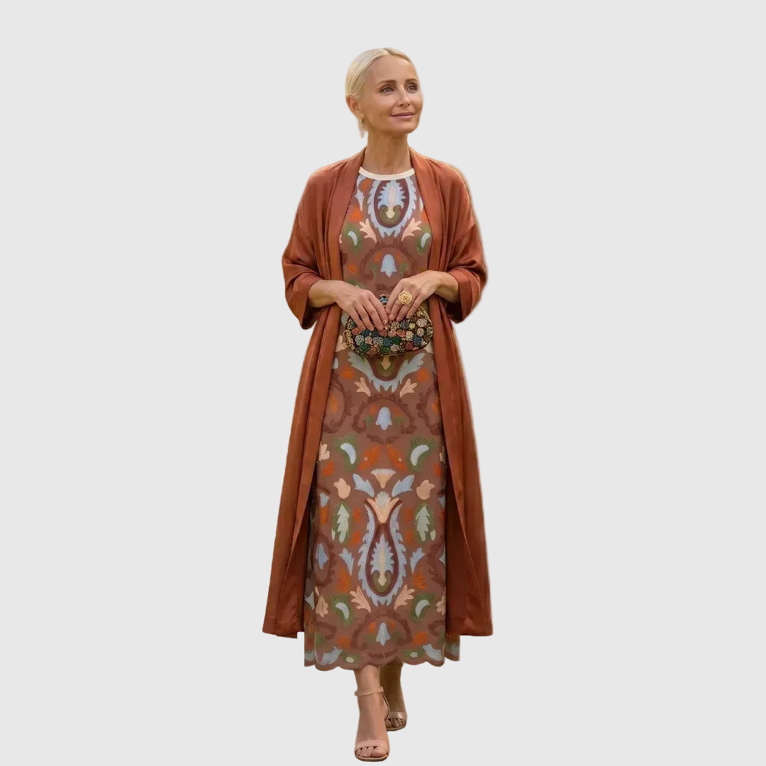 Women's Printed Winter Wedding Guest Midi Dress with Matching Duster