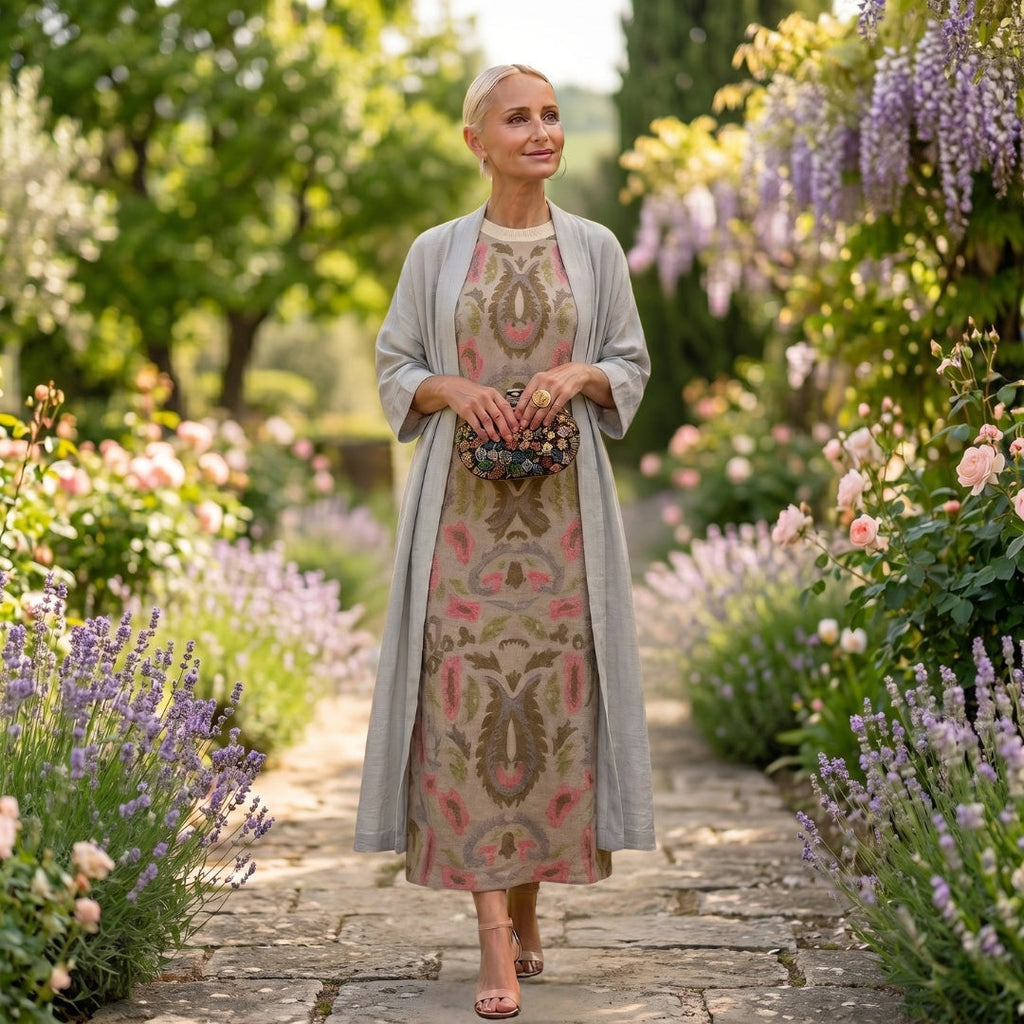 Women's Printed Winter Wedding Guest Midi Dress with Matching Duster - Lilac