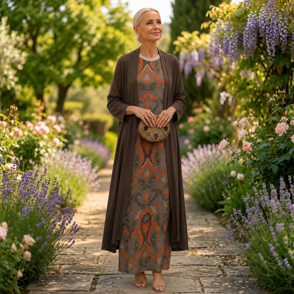 Women's Printed Winter Wedding Guest Midi Dress with Matching Duster - Hot Coffee