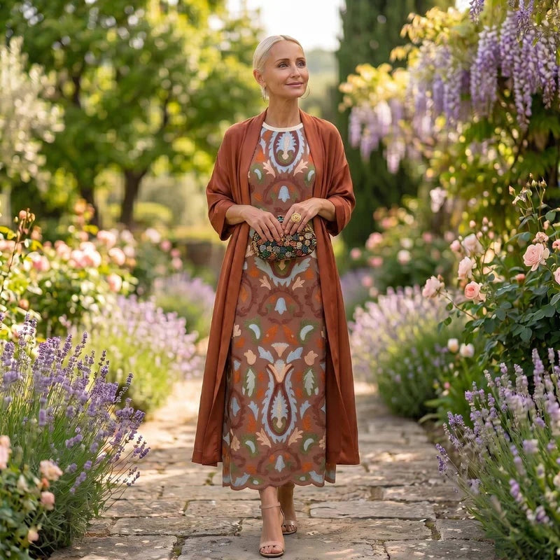 Women's Printed Winter Wedding Guest Midi Dress with Matching Duster - Brown