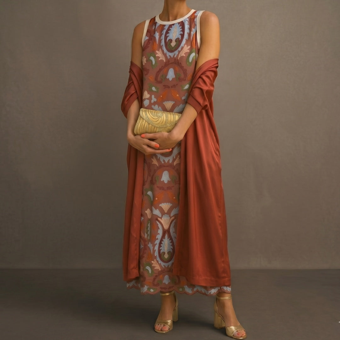Women's Printed Winter Wedding Guest Midi Dress with Matching Duster