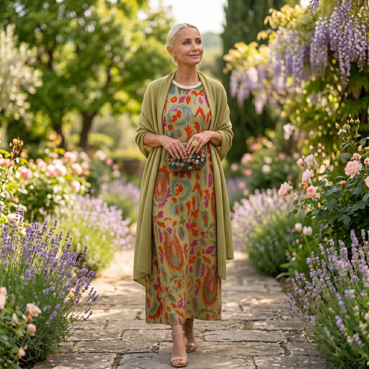 Women's Printed Winter Wedding Guest Midi Dress with Matching Duster - Green