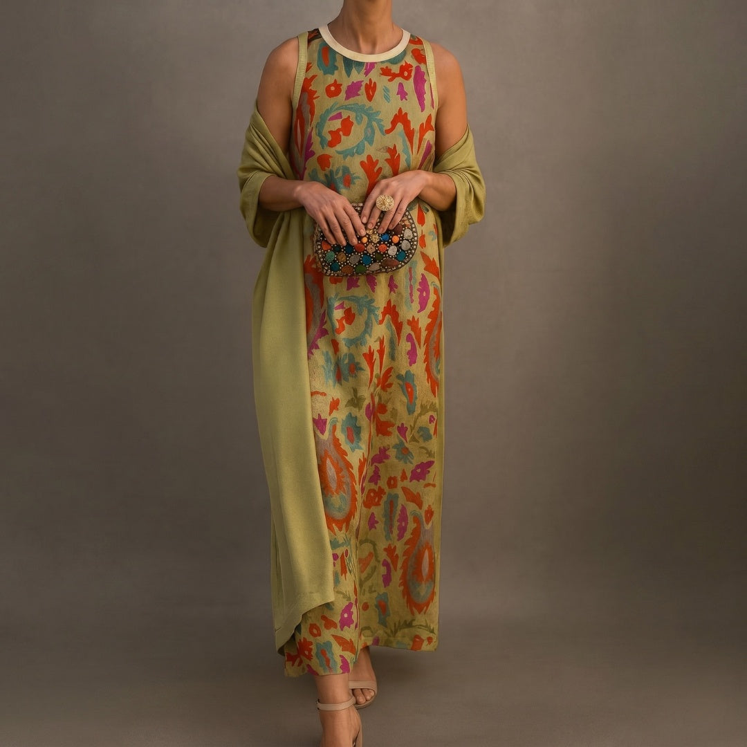 Women's Printed Winter Wedding Guest Midi Dress with Matching Duster