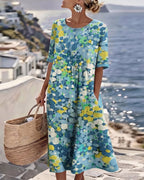 Women's Loose Lightweight Floral Midi Dress - Blue