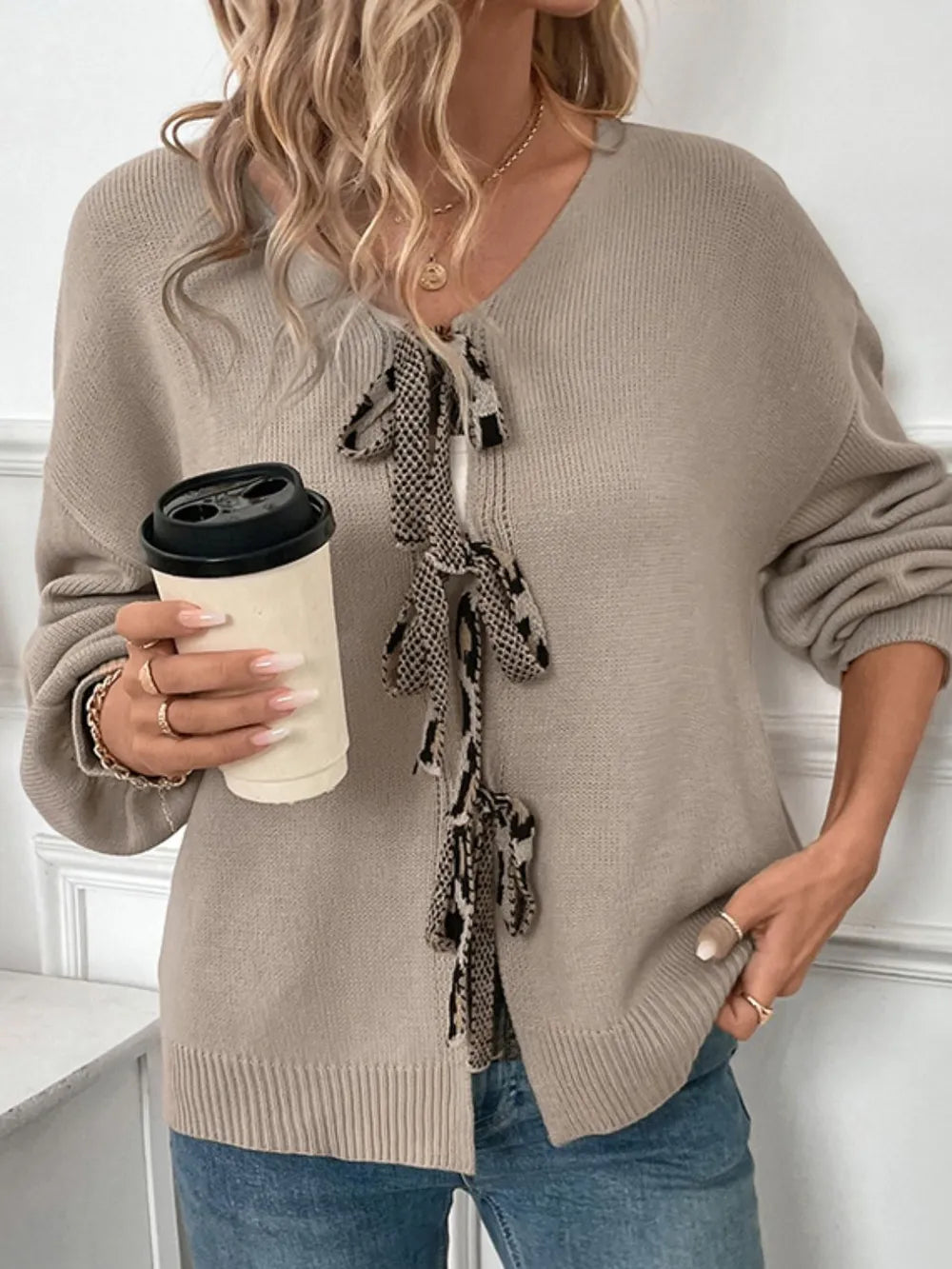 Women's Printed V-Neck Long Sleeve Knit Cardigan