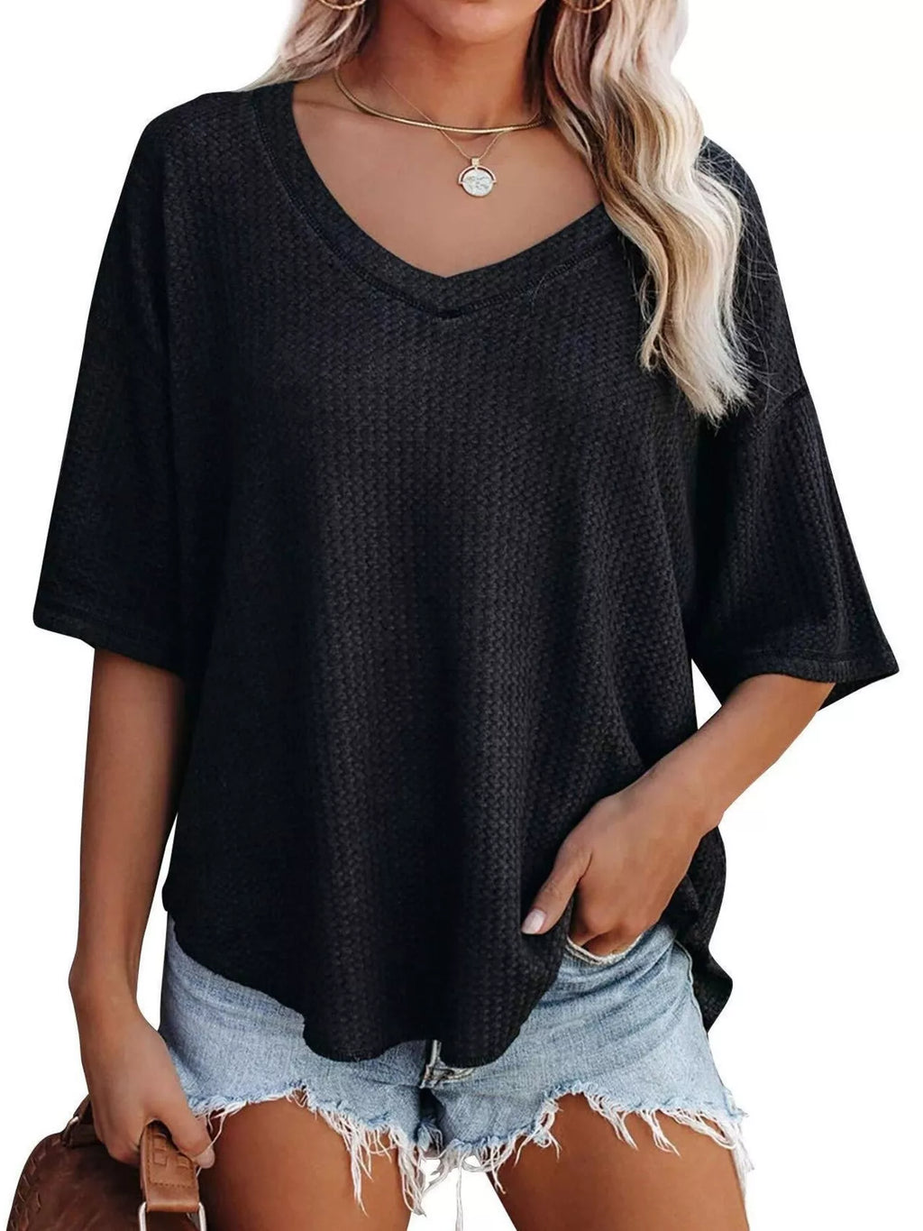 Women's Waffle Knit V-Neck Short Sleeve T-Shirt - Black