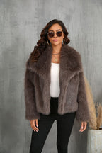 Women's Faux Fur Lapel Coat Warm Padded Winter Coat - Coffee