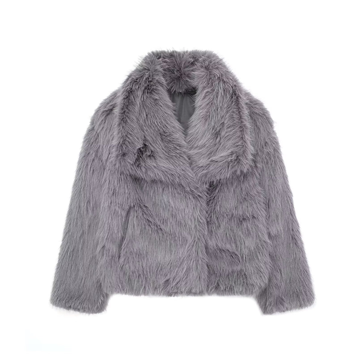Women's Faux Fur Lapel Coat Warm Padded Winter Coat - Gray
