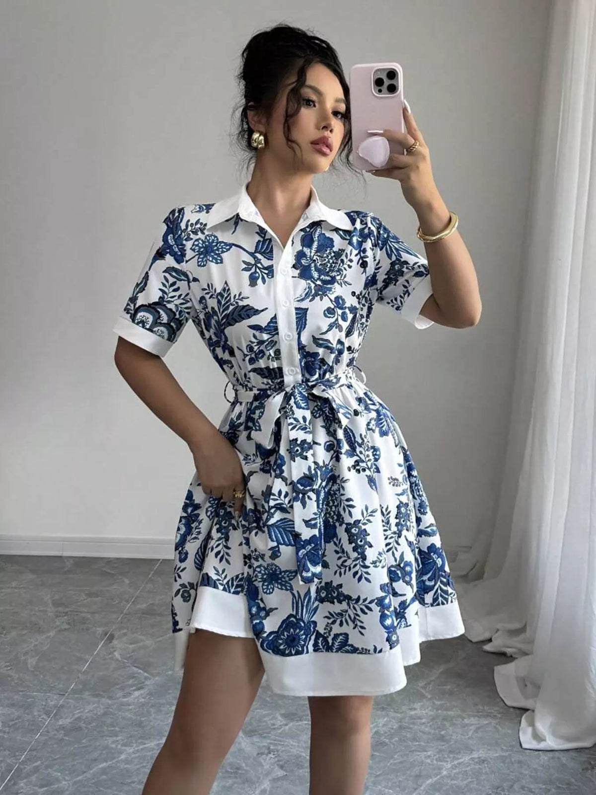Women's Printed Button-Front Mini Dress - Indigo