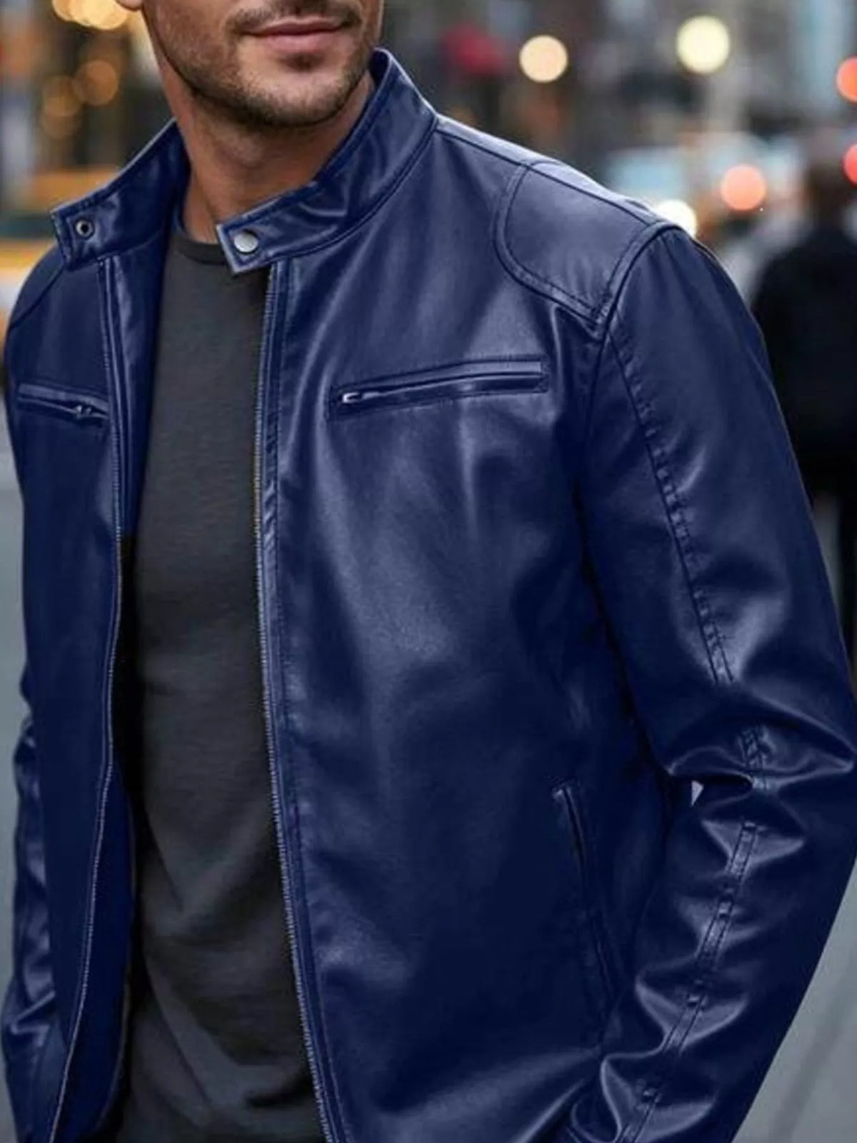 Men's Zip-Up Biker Jacket Big and Tall - Dark Blue