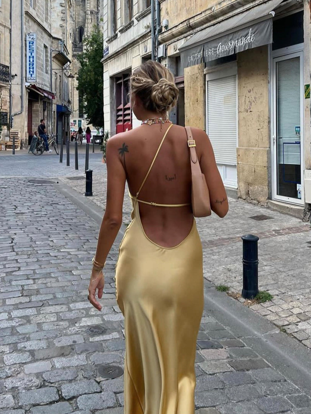 Women's Thin Strap Open-Back Slip Maxi Dress - Yellow