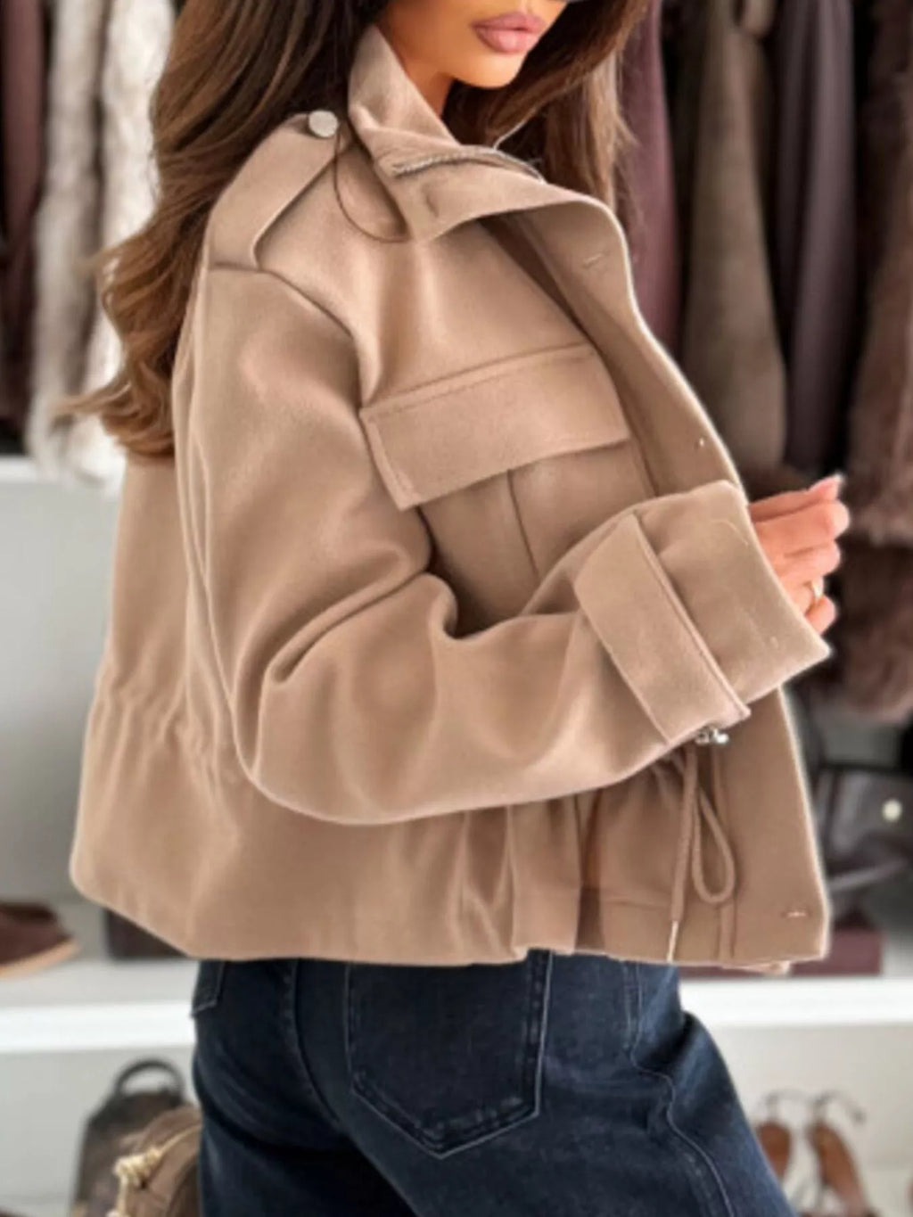 Women's Lightweight Casual Button-Up Jacket with Drawstring