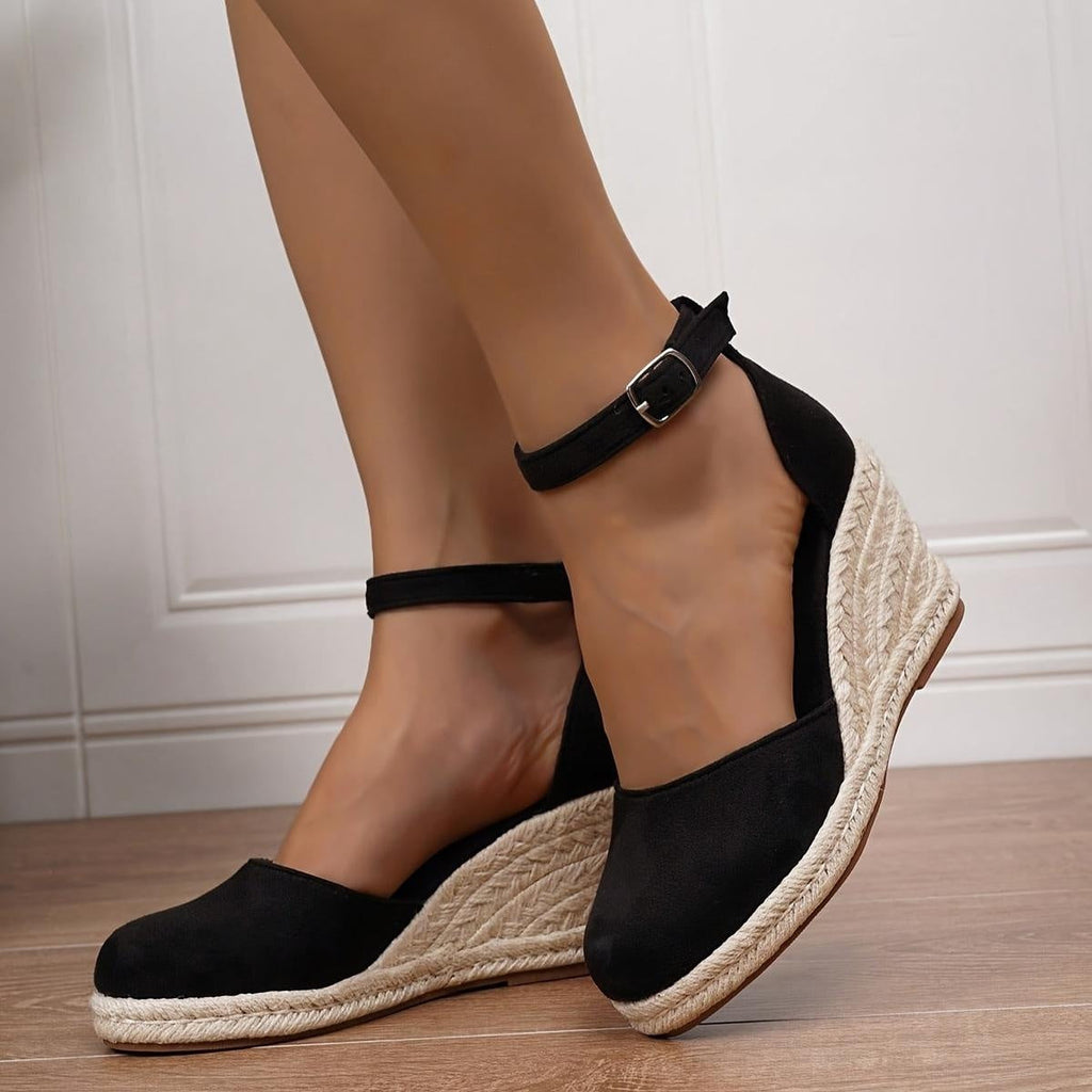 Women's Espadrille Platform Wedge Sandals with Ankle Buckle - Black
