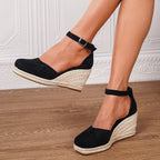 Women's Espadrille Platform Wedge Sandals with Ankle Buckle - Black Square Toe