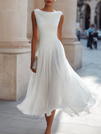 Women's Sleeveless Draped Midi Day Wedding Dress - White