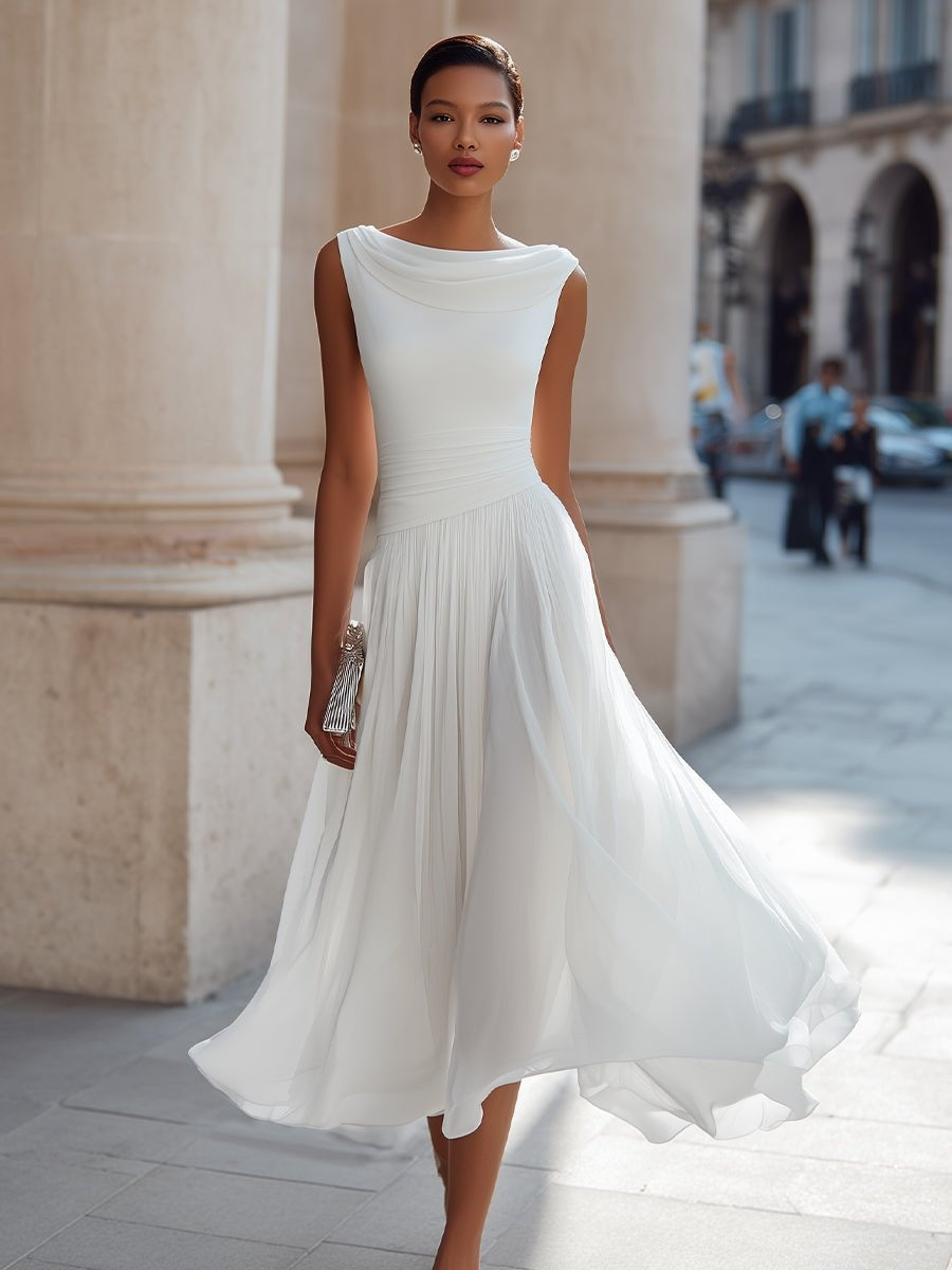 Women's Sleeveless Draped Midi Day Wedding Dress