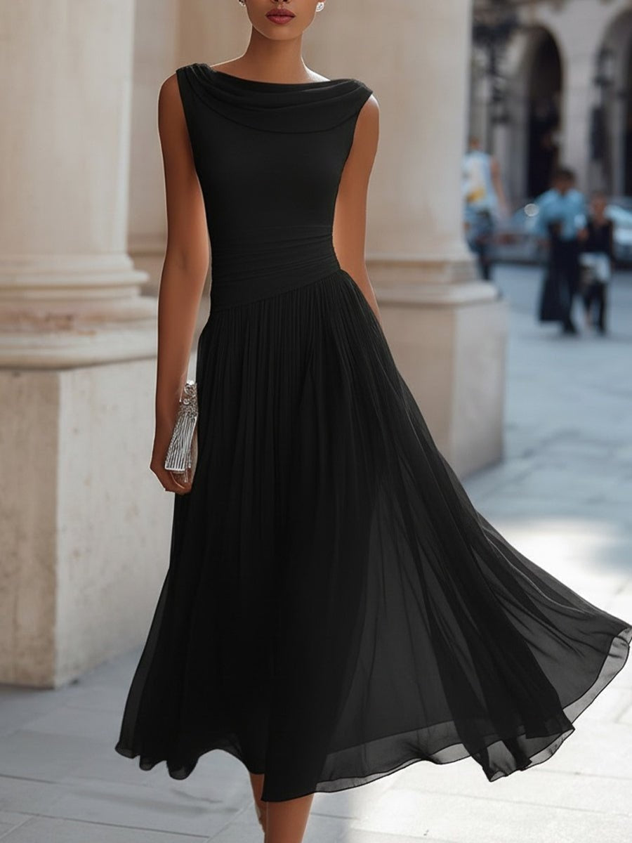 Women's Sleeveless Draped Midi Day Wedding Dress - Black