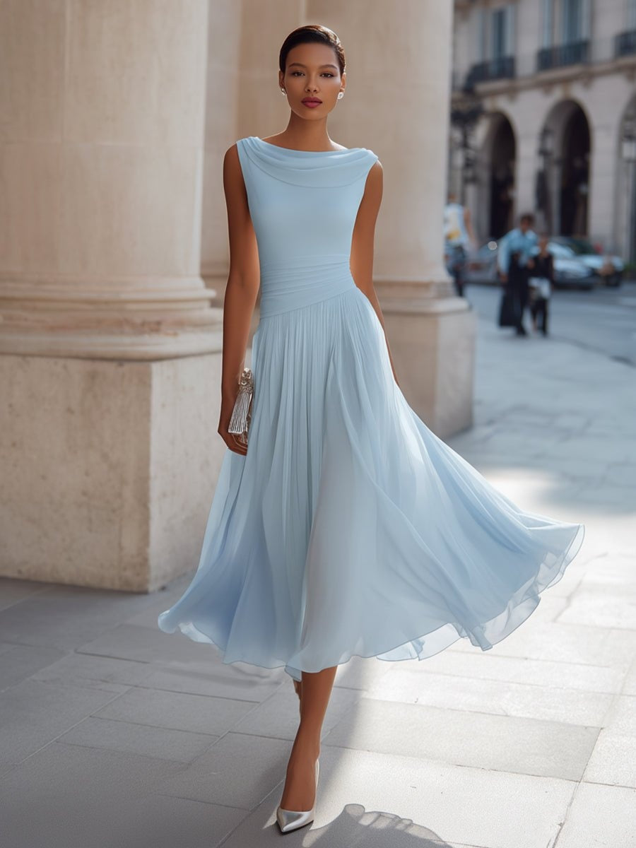 Women's Sleeveless Draped Midi Day Wedding Dress - Sky Blue
