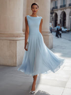 Women's Sleeveless Draped Midi Day Wedding Dress - Sky Blue