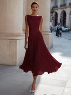 Women's Sleeveless Draped Midi Day Wedding Dress - Burgundy