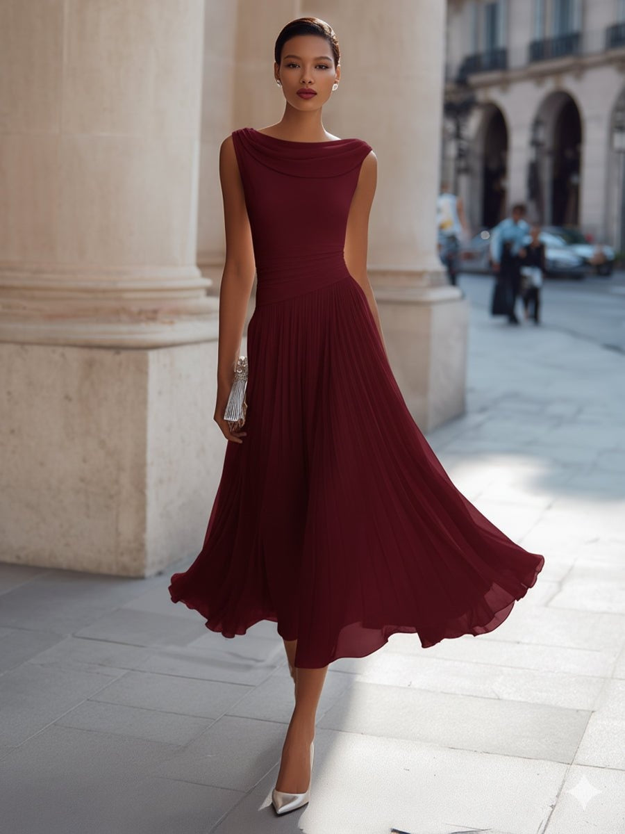 Women's Sleeveless Draped Midi Day Wedding Dress - Burgundy