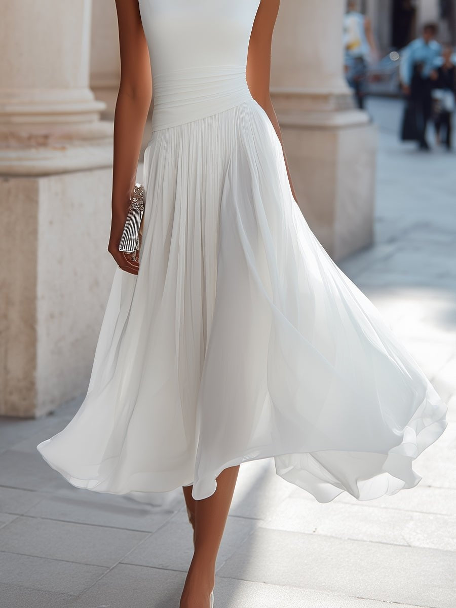 Women's Sleeveless Draped Midi Day Wedding Dress