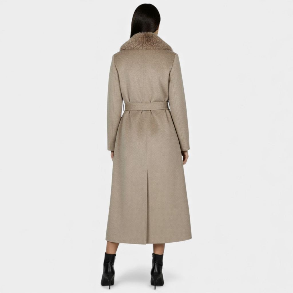 Women's Long Wool Coat with Faux Fur Collar