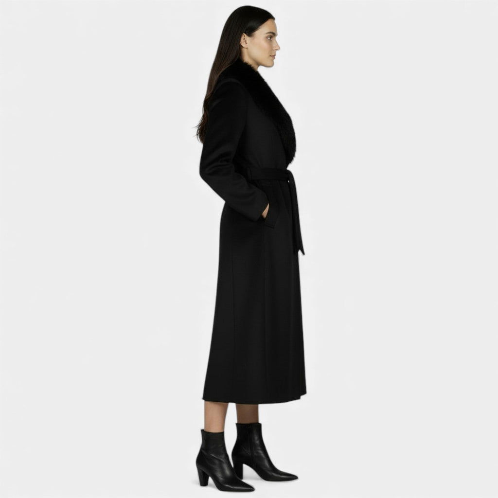 Women's Long Wool Coat with Faux Fur Collar