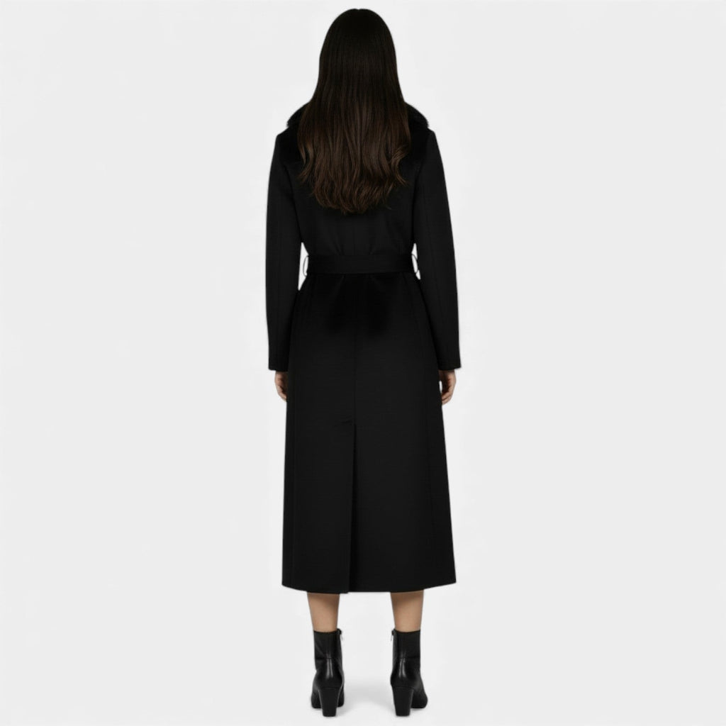 Women's Long Wool Coat with Faux Fur Collar