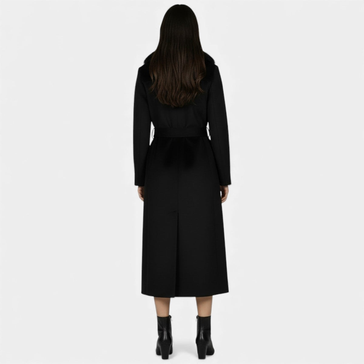 Women's Long Wool Coat with Faux Fur Collar
