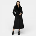 Women's Long Wool Coat with Faux Fur Collar - Black