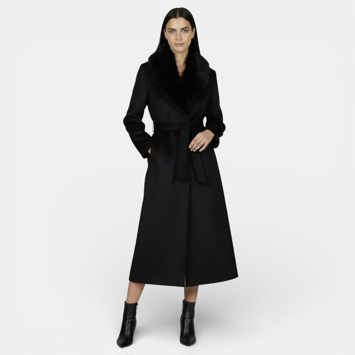 Women's Long Wool Coat with Faux Fur Collar - Black