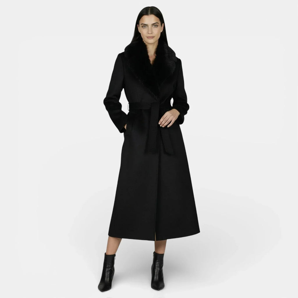 Women's Long Wool Coat with Faux Fur Collar