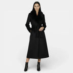 Women's Long Wool Coat with Faux Fur Collar