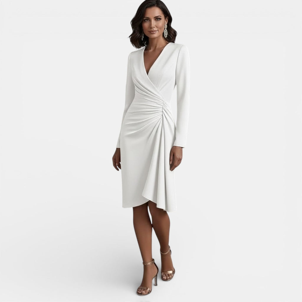 Women's Elegant V-Neck A-Line Midi Dress - White