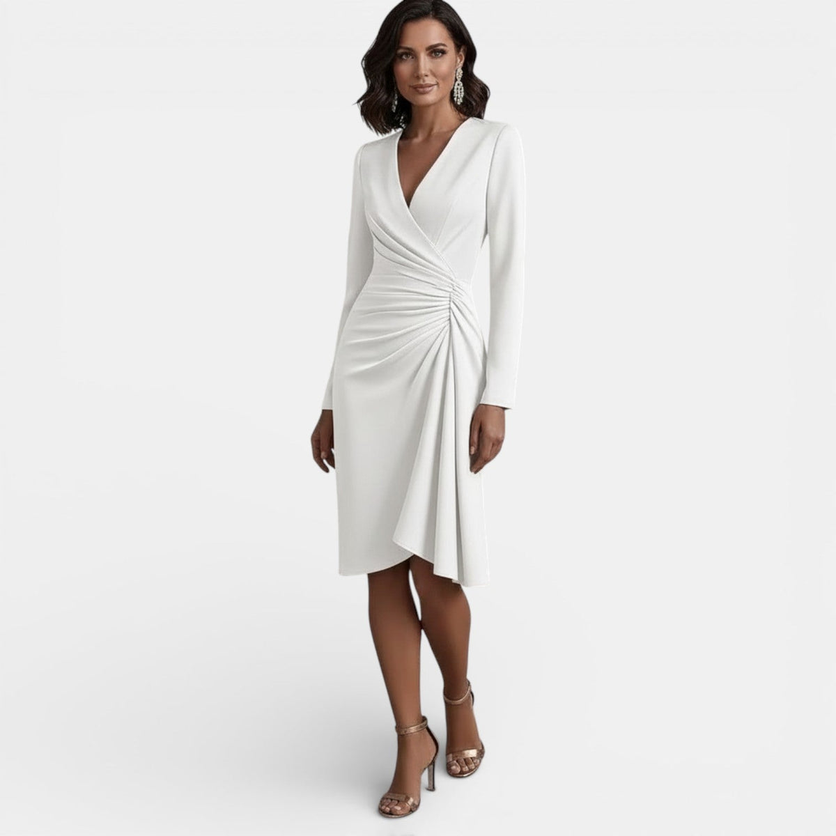 Women's Elegant V-Neck A-Line Midi Dress - White