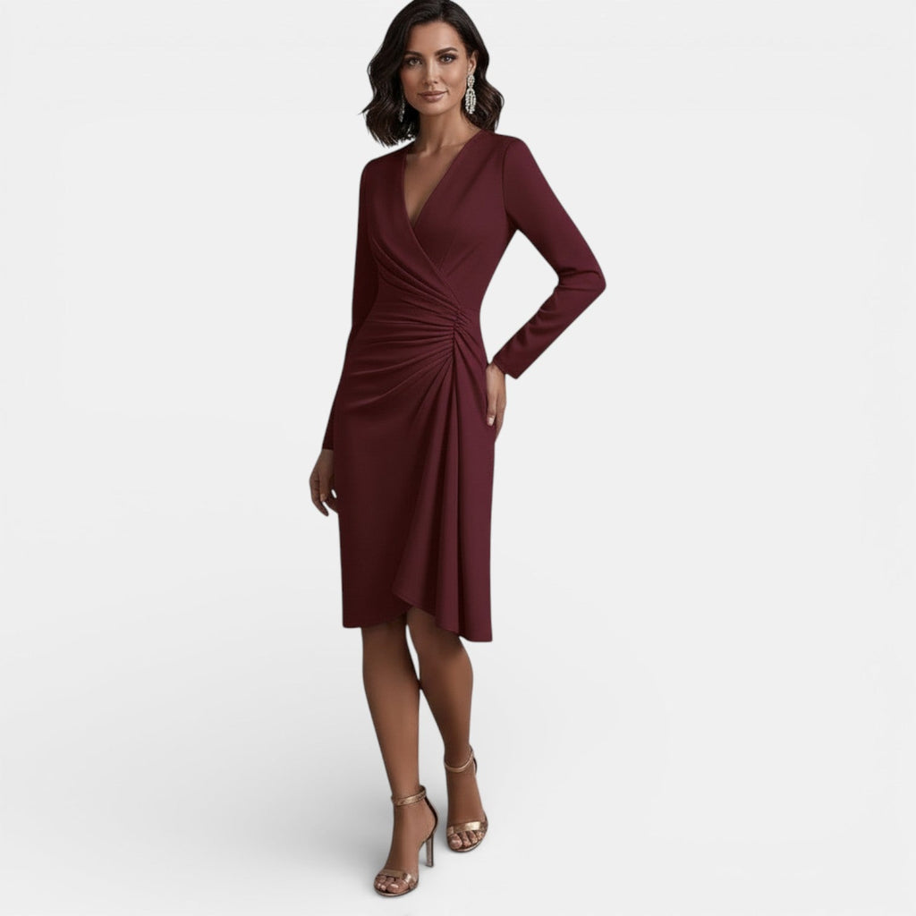 Women's Elegant V-Neck A-Line Midi Dress - Wine Red