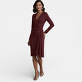Women's Elegant V-Neck A-Line Midi Dress - Wine Red