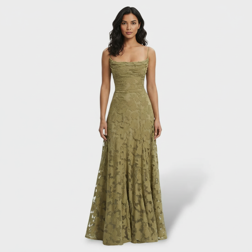 Women's Floral Open-Back Maxi Party Dress - Green