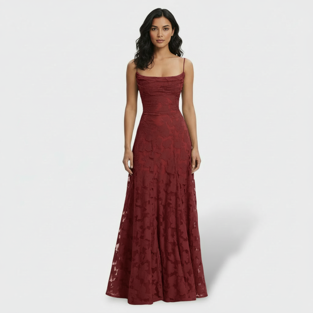 Women's Floral Open-Back Maxi Party Dress - Red