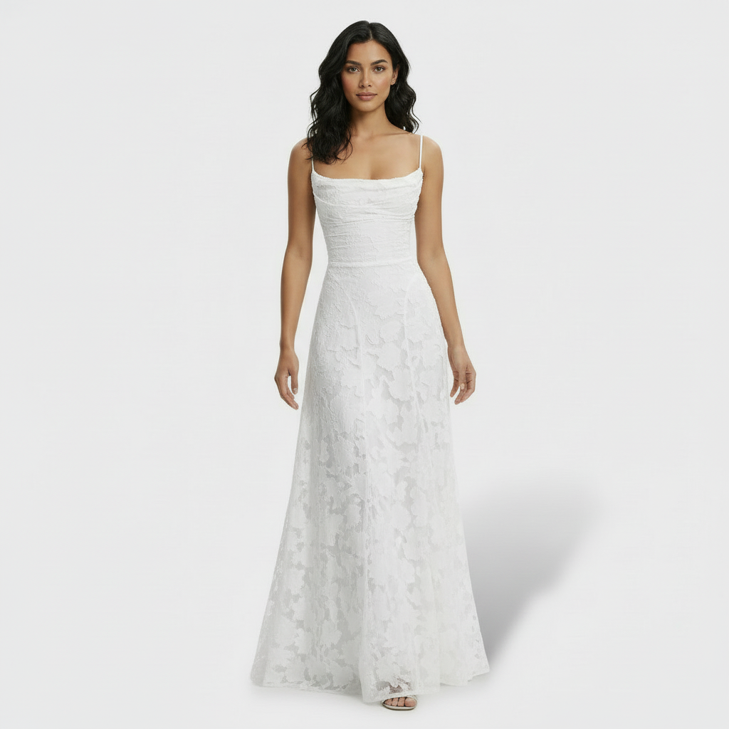 Women's Floral Open-Back Maxi Party Dress - White