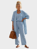 Women's Relaxed Fit Three-Piece Linen Set - Blue