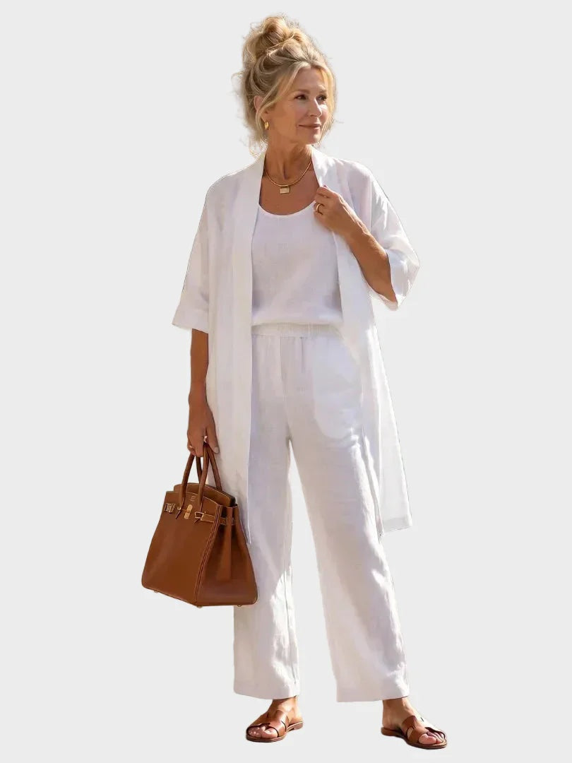 Women's Relaxed Fit Three-Piece Linen Set - White