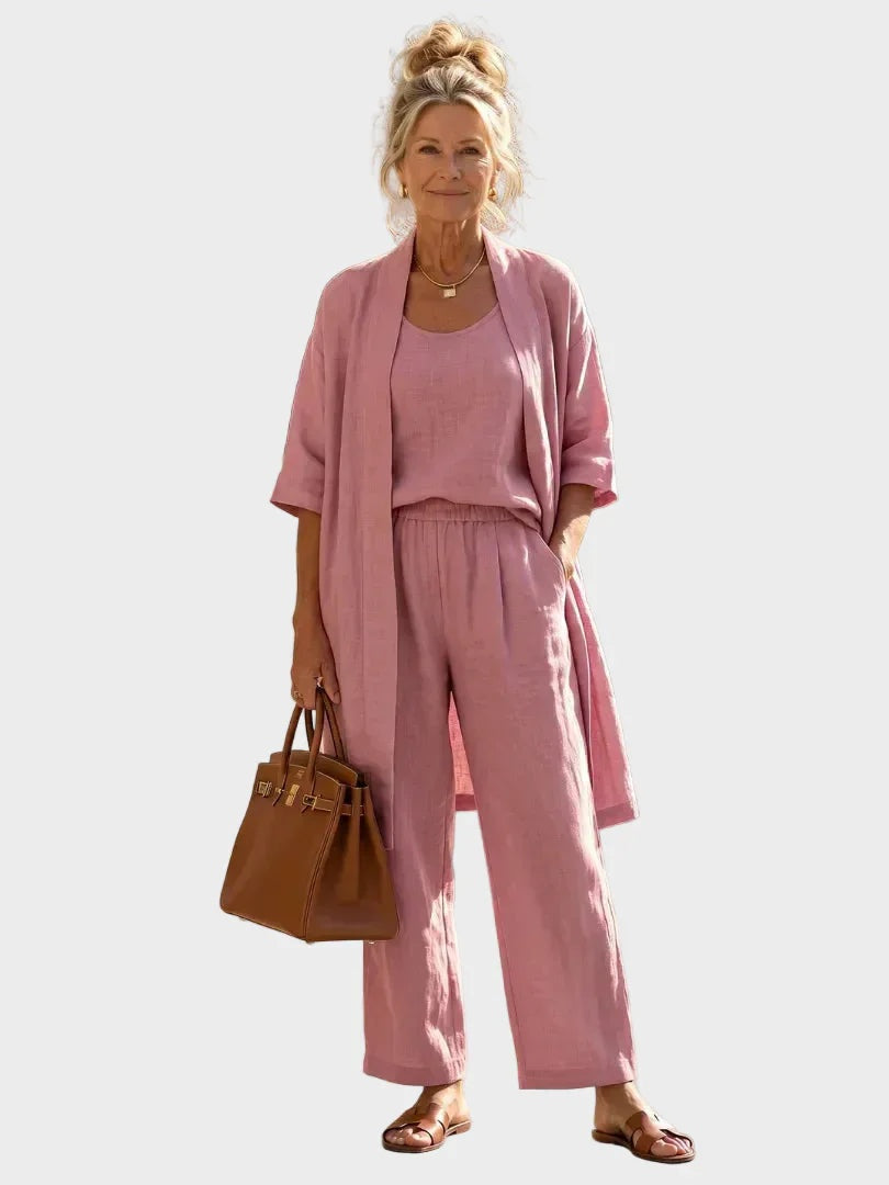 Women's Relaxed Fit Three-Piece Linen Set - Pink