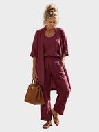 Women's Relaxed Fit Three-Piece Linen Set - Burgundy